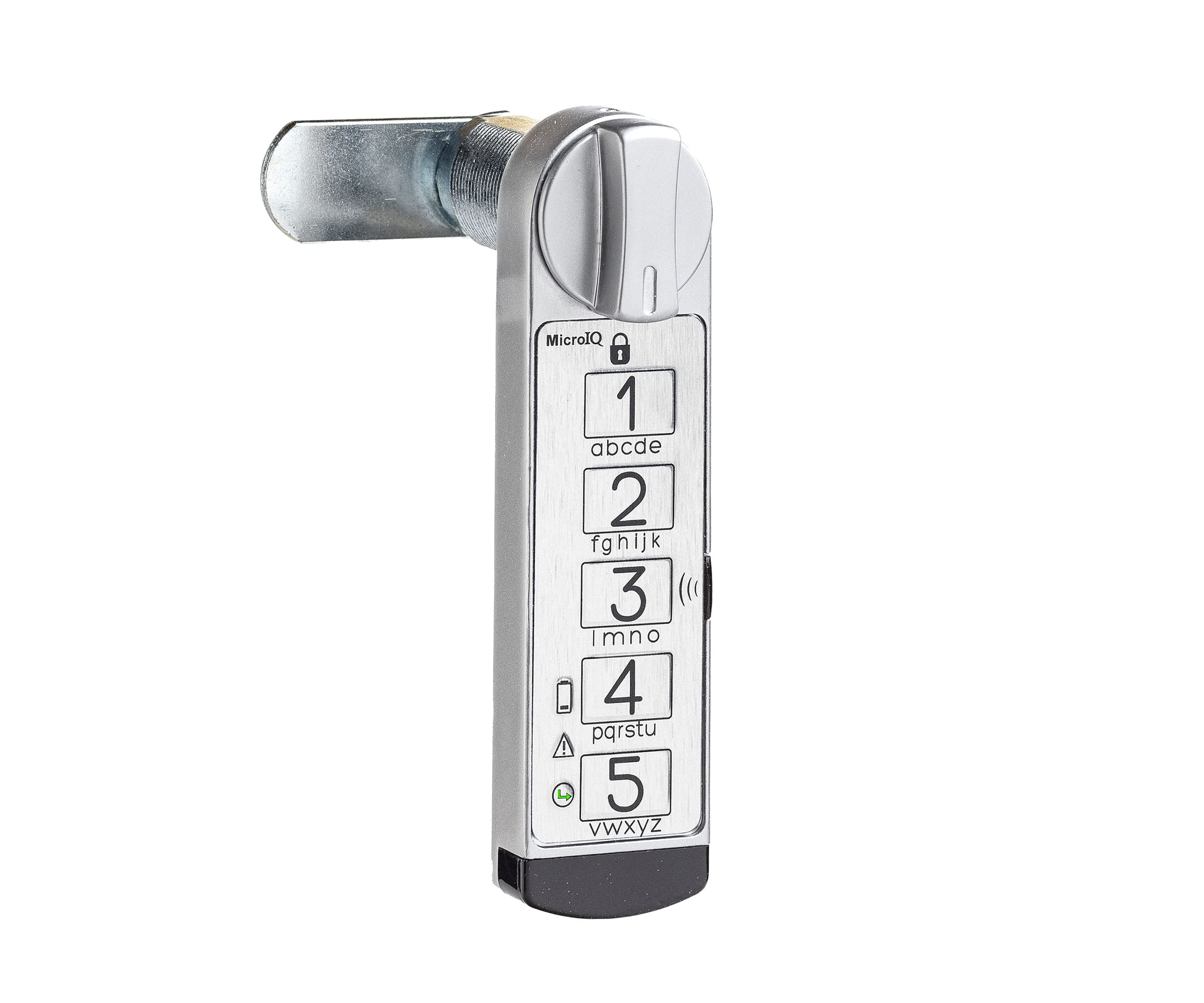 MicroIQ Electronic Cabinet Lock for Doors, Drawers, Lockers, Touch Keypad for Keyless Entry, Keyed Cam Lock Replacement, Knob on Top Vertical, Brushed Silver