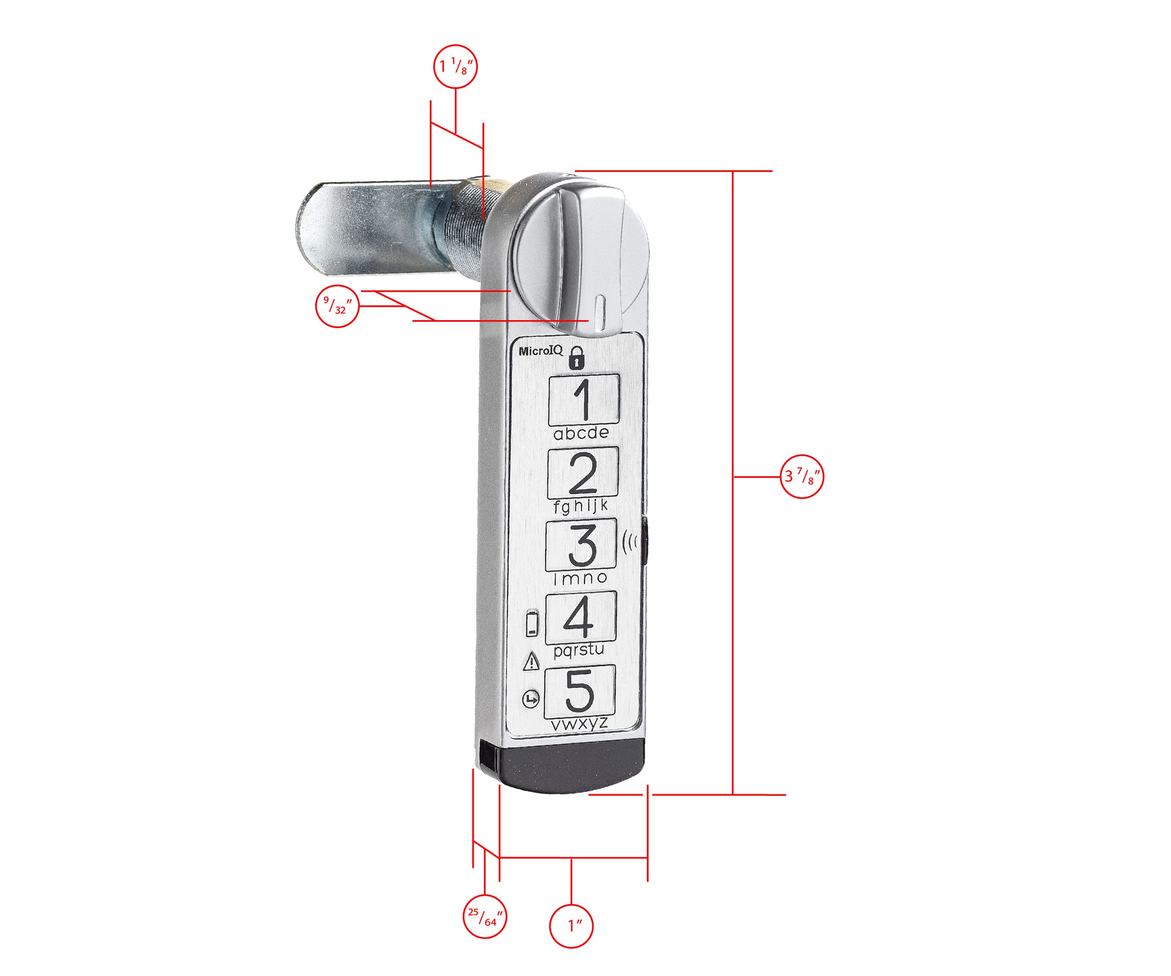 MicroIQ Electronic Cabinet Lock for Doors, Drawers, Lockers, Touch Keypad for Keyless Entry, Keyed Cam Lock Replacement, Knob on Top Vertical, Brushed Silver