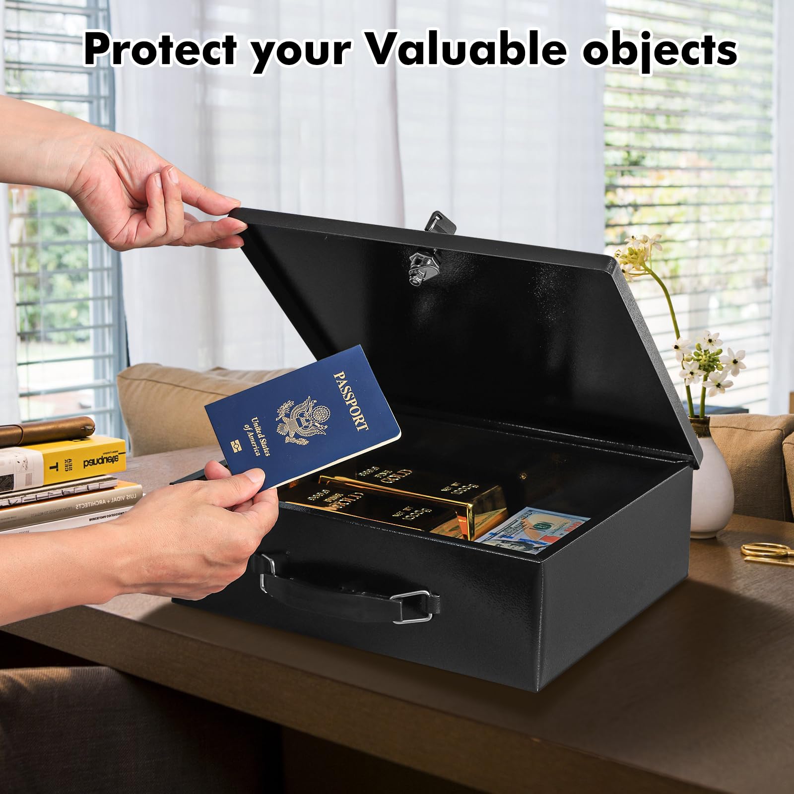 KYODOLED Fireproof Document Box with Key Lock, Large Safe Storage Box for Valuables, Fire Resistance Security Chest, Lock Box for Passport, Cash, Tablet | 13.2'' x 11'' x 4.13'' Black