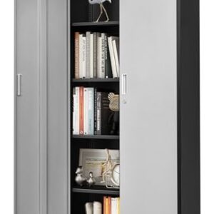 Metal Storage Cabinet, 71" Locking Cabinet with 4 Adjustable Shelves, Large Steel Storage Cabinets for Garage, Home Office, Pantry -Black&Silver Doors