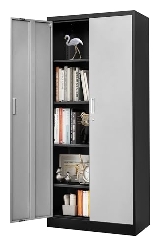 Metal Storage Cabinet, 71" Locking Cabinet with 4 Adjustable Shelves, Large Steel Storage Cabinets for Garage, Home Office, Pantry -Black&Silver Doors