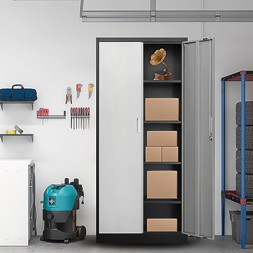 Metal Storage Cabinet, 71" Locking Cabinet with 4 Adjustable Shelves, Large Steel Storage Cabinets for Garage, Home Office, Pantry -Black&Silver Doors