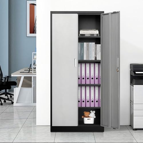 Metal Storage Cabinet, 71" Locking Cabinet with 4 Adjustable Shelves, Large Steel Storage Cabinets for Garage, Home Office, Pantry -Black&Silver Doors