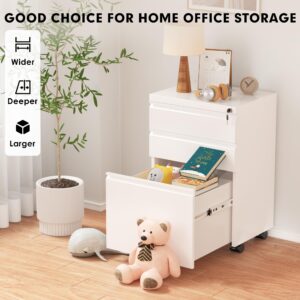 Pataku White File Cabinet 3 Drawer, Mobile File Cabinet with Lock and Wheels, Under Desk Metal Filing Cabinet for Office，Lockable Rolling Cabinet with 2 Keys for Legal/Letter/A4 Size, Easy Assemble