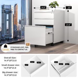 Pataku White File Cabinet 3 Drawer, Mobile File Cabinet with Lock and Wheels, Under Desk Metal Filing Cabinet for Office，Lockable Rolling Cabinet with 2 Keys for Legal/Letter/A4 Size, Easy Assemble