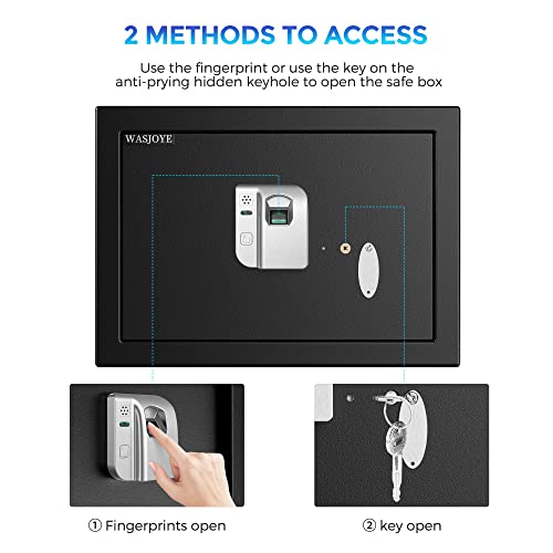 Safe Box, WASJOYE 1.0 Cu ft Biometric Fingerprint Safe Box Fireproof Safe with Finger Identification Key-Lock for Home Office Hotel Valuables Gun Safe Storage