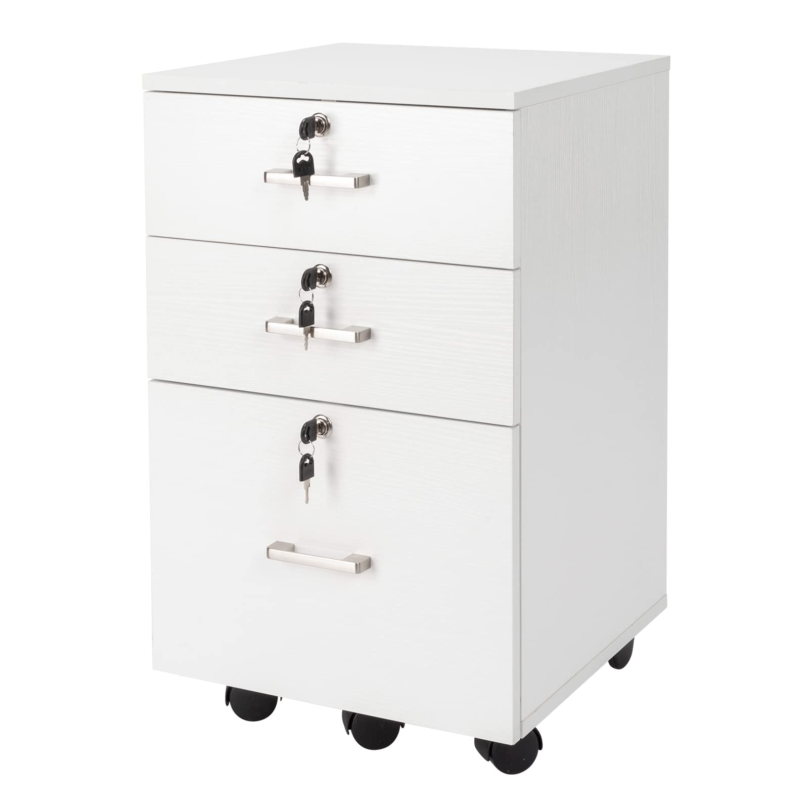 Vasitelan File Cabinet 3 Drawers with 3 Lock, Rolling Mobile Filing Cabinet, Under Desk File Cabinet with 5 Wheels and Hanging File Folders, for Letter Sized Documents (White)