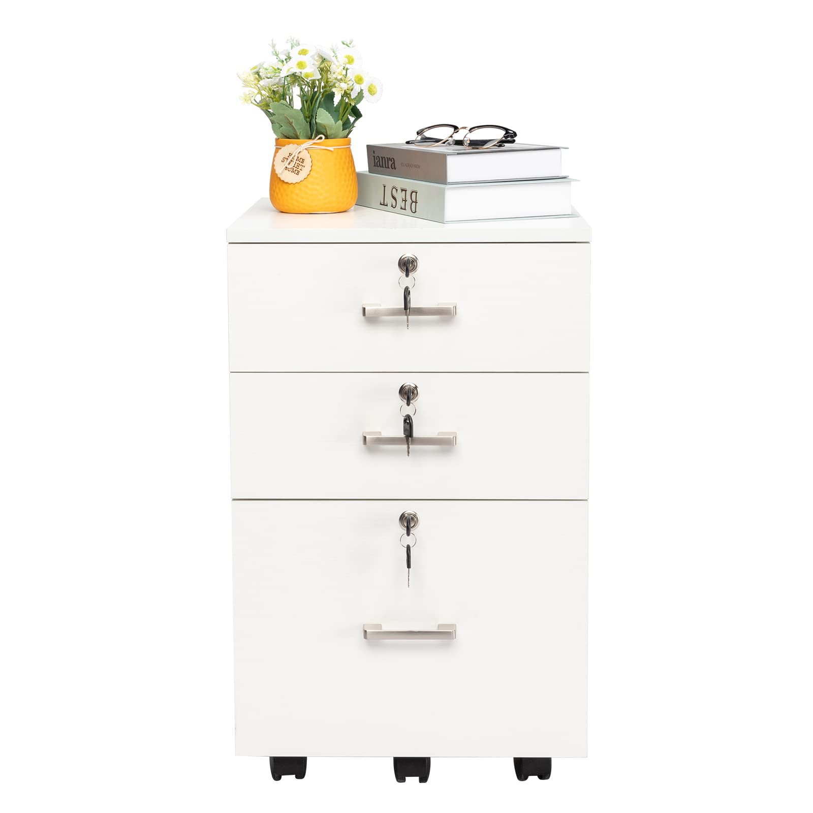 Vasitelan File Cabinet 3 Drawers with 3 Lock, Rolling Mobile Filing Cabinet, Under Desk File Cabinet with 5 Wheels and Hanging File Folders, for Letter Sized Documents (White)