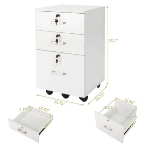 Vasitelan File Cabinet 3 Drawers with 3 Lock, Rolling Mobile Filing Cabinet, Under Desk File Cabinet with 5 Wheels and Hanging File Folders, for Letter Sized Documents (White)