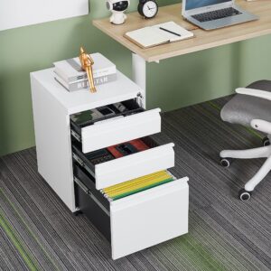 YAOACXIN Mobile Filing Cabinet with Lock and 3 Drawers Steel File Cabinet On Wheels for Legal/Letter Size (White)