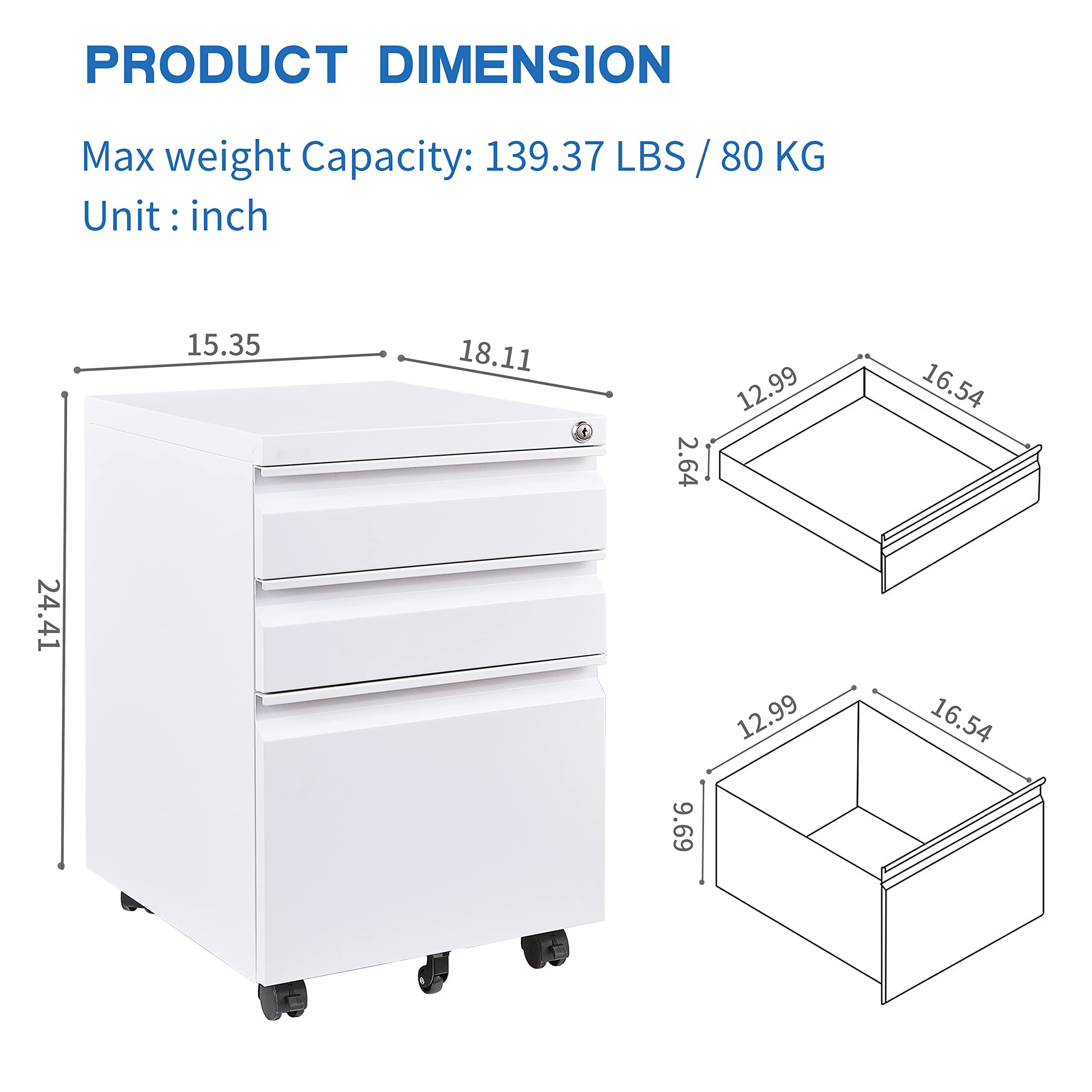 YAOACXIN Mobile Filing Cabinet with Lock and 3 Drawers Steel File Cabinet On Wheels for Legal/Letter Size (White)