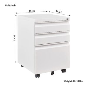 YAOACXIN Mobile Filing Cabinet with Lock and 3 Drawers Steel File Cabinet On Wheels for Legal/Letter Size (White)