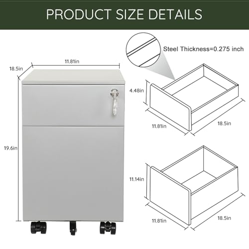 Aienid Steel Grey Cabinet 2 Drawer Mobile File Cabinet with Lock Metal Filing Cabinet for Legal/Letter/A4/F4 Size, Fully Assembled Include Wheels