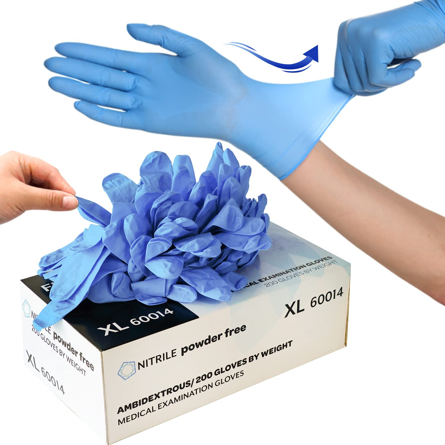 FINITEX Blue Disposable Nitrile Exam Gloves - 200 PCS/BOX 3.5mil Rubber Powder-Free Latex-Free Medical Examination Home Cleaning Food Gloves, MEDIUM