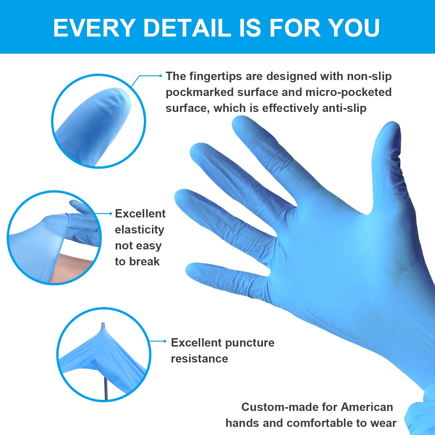 FINITEX Blue Disposable Nitrile Exam Gloves - 200 PCS/BOX 3.5mil Rubber Powder-Free Latex-Free Medical Examination Home Cleaning Food Gloves, MEDIUM