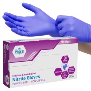 med pride nitrile medical exam gloves medium [box of 50]- disposable powder & latex-free surgical gloves for doctors nurses hospital & home use