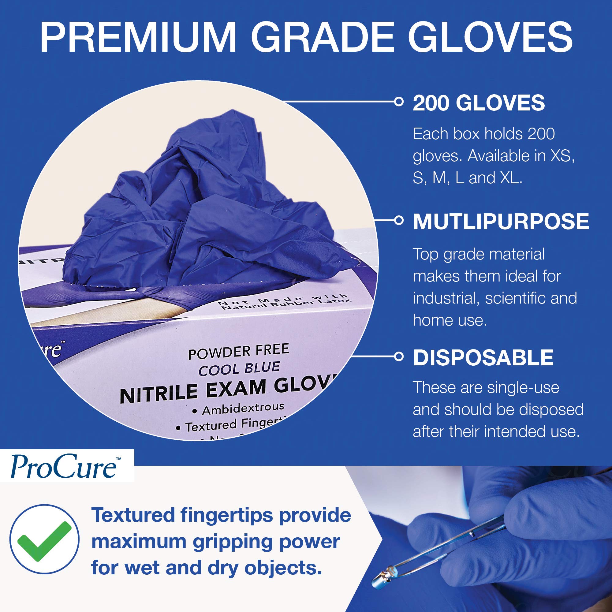 ProCure [200 Count Disposable Nitrile Gloves Large - Powder Free, Rubber Latex Free, Medical Exam Grade, Non Sterile, Ambidextrous - Soft with Textured Tips - Cool Blue