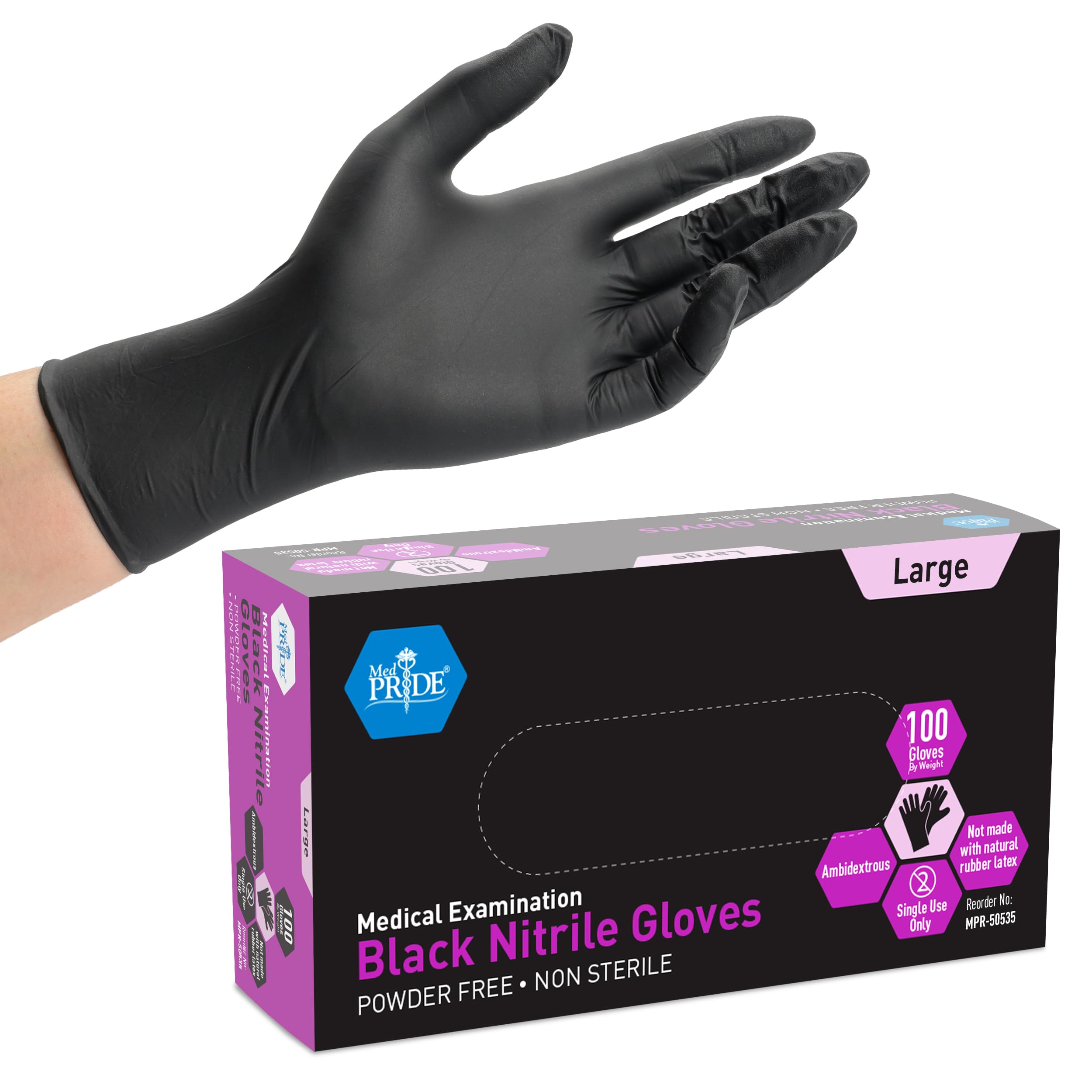 MED PRIDE Black Nitrile Medical Examination Gloves (Large, 100-Count) Ultra-Strong 6 mil Thick, Latex & Rubber Free, Disposable Powder-Free Gloves for Healthcare & Food Handling Use