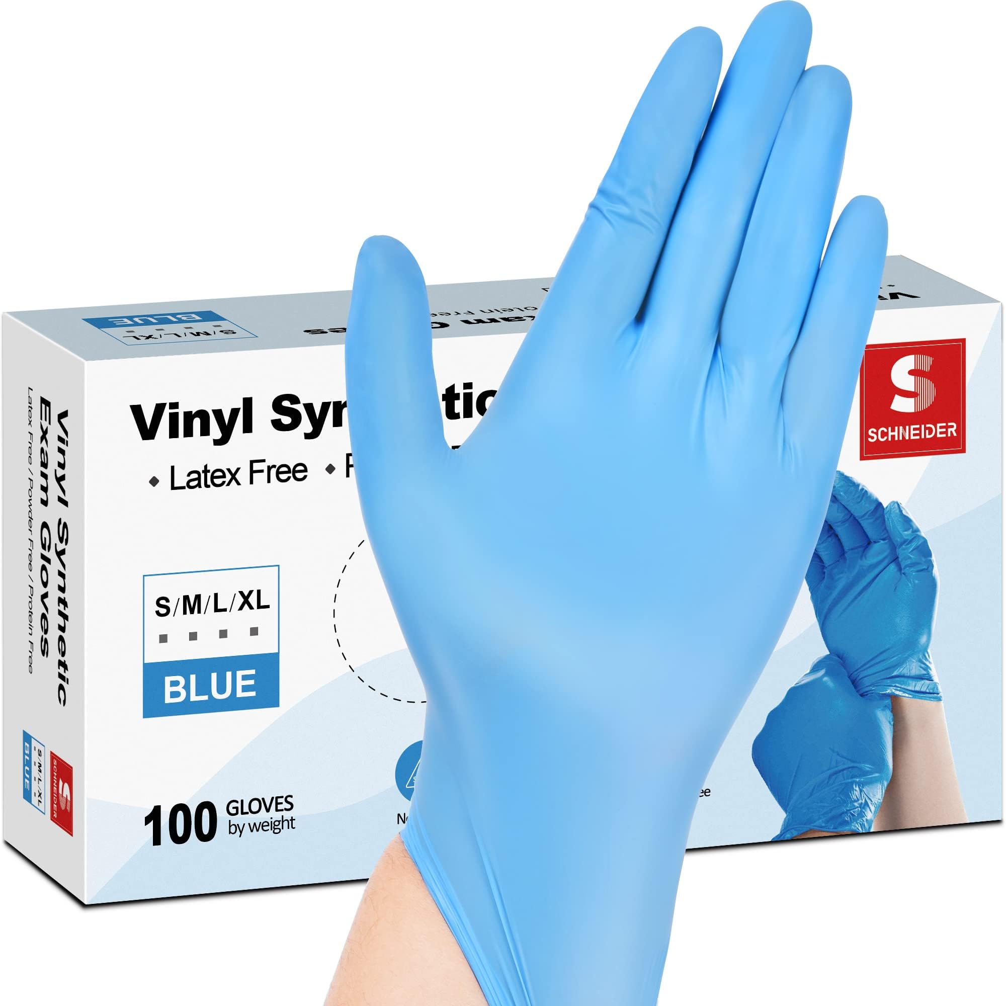 Schneider Blue Vinyl Synthetic Exam Gloves, XL, Box of 100, 4-mil, Powder-Free, Latex-Free, Non-Sterile, Disposable Gloves