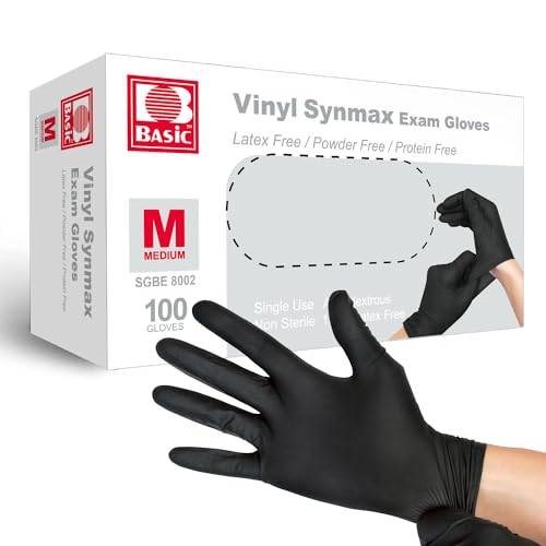 Basic Vinyl Exam Gloves, 4 mil Safty Glove Latex-Free & Powder-Free, SGBE 8002 Synmax Disposable Medical Glove Medium (Box of 100, Black)