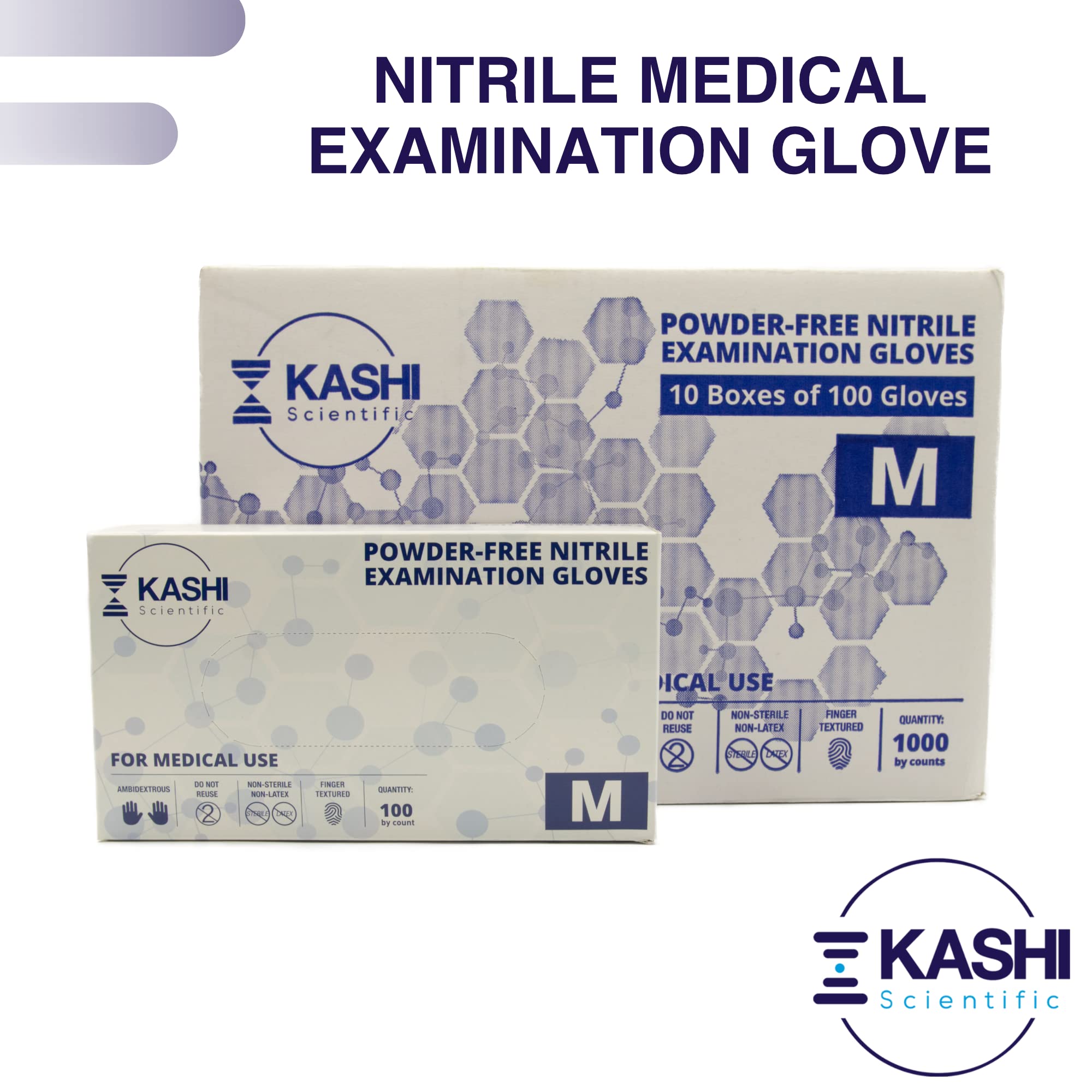 Kashi Scientific Medical Examination Nitrile Gloves - Large - Powder-Free, Latex-Free, Finger Tip Textured Gloves, 4 mil Thick Blue Glove, Patient Safe, Food Safe - Box of 100 Nitrile Exam Gloves