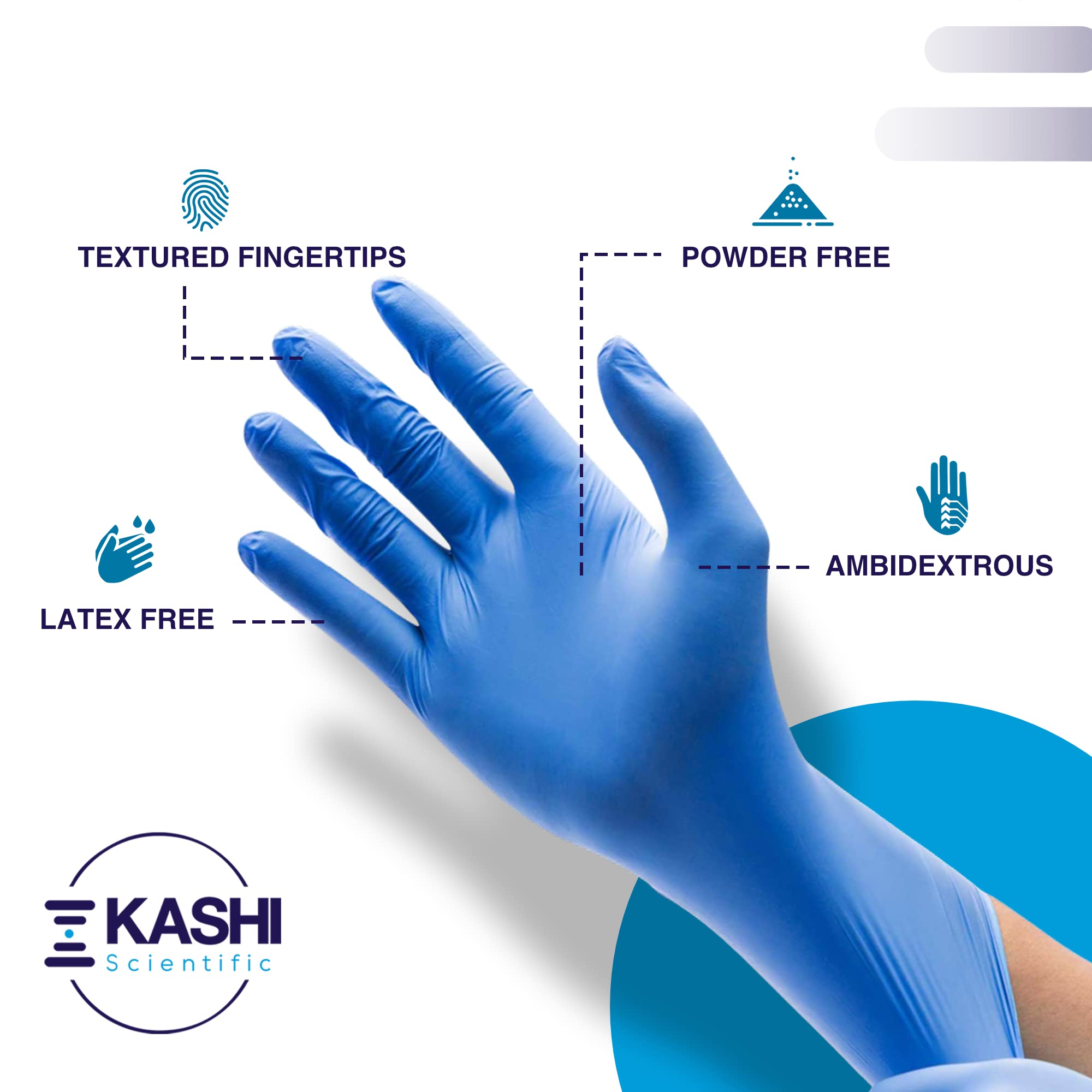 Kashi Scientific Medical Examination Nitrile Gloves - Large - Powder-Free, Latex-Free, Finger Tip Textured Gloves, 4 mil Thick Blue Glove, Patient Safe, Food Safe - Box of 100 Nitrile Exam Gloves