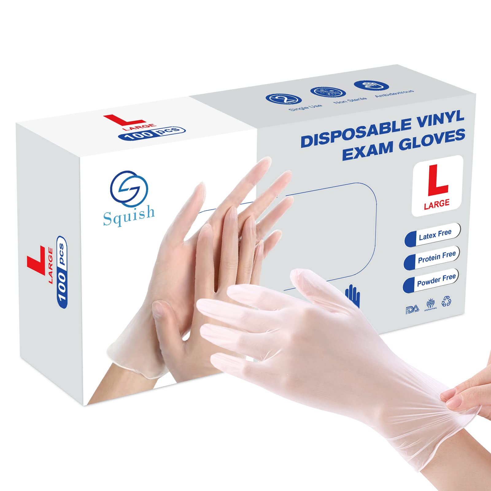 squish Disposable Gloves, Clear Vinyl Gloves Latex Free Powder-Free Glove Cleaning Rubber Gloves Health Gloves for Kitchen Cooking Cleaning Food Handling, 100PCS/Box, Large