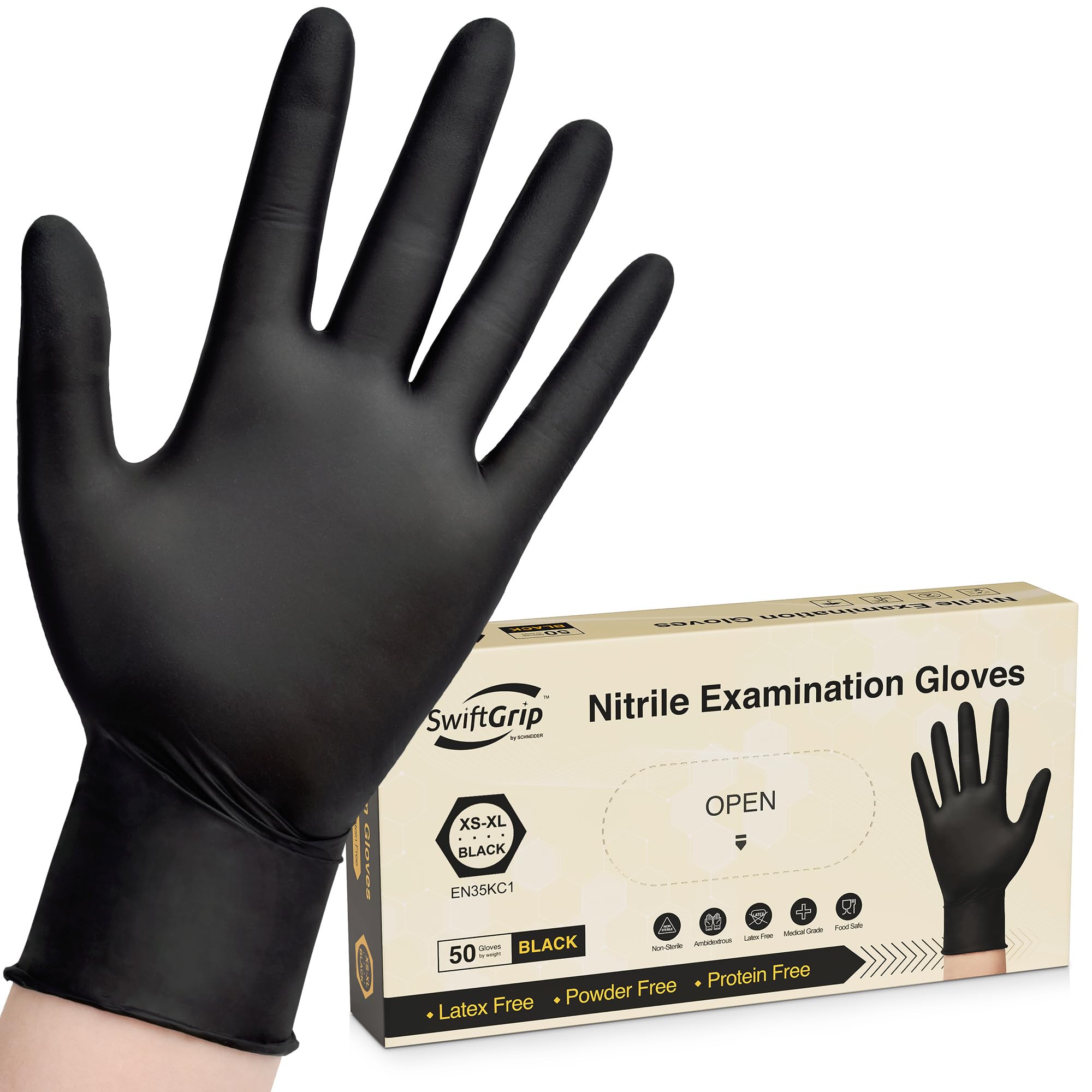 SwiftGrip Disposable Nitrile Exam Gloves, 3-mil, Black Nitrile Gloves Disposable Latex Free for Medical, Cooking & Esthetician, Food-Safe Rubber Gloves, Powder Free, Non-Sterile, 50-ct Box (Medium)