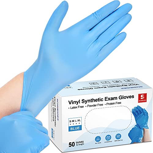 Schneider Blue Vinyl Synthetic Exam Gloves, Medium, Box of 50, 4-mil, Powder-Free, Latex-Free, Non-Sterile, Disposable Gloves