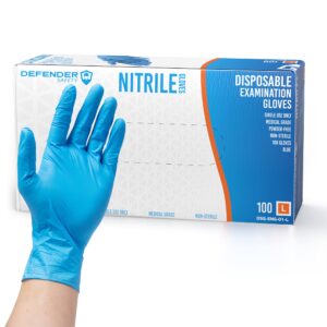 Defender Safety - Nitrile Powder-Free Disposable Medical Examination Gloves (Blue) (Large)