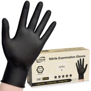 swiftgrip disposable nitrile exam gloves, 3-mil, black nitrile gloves disposable latex free for medical, cooking & esthetician, food-safe rubber gloves, powder free, non-sterile, 100-ct box (large)