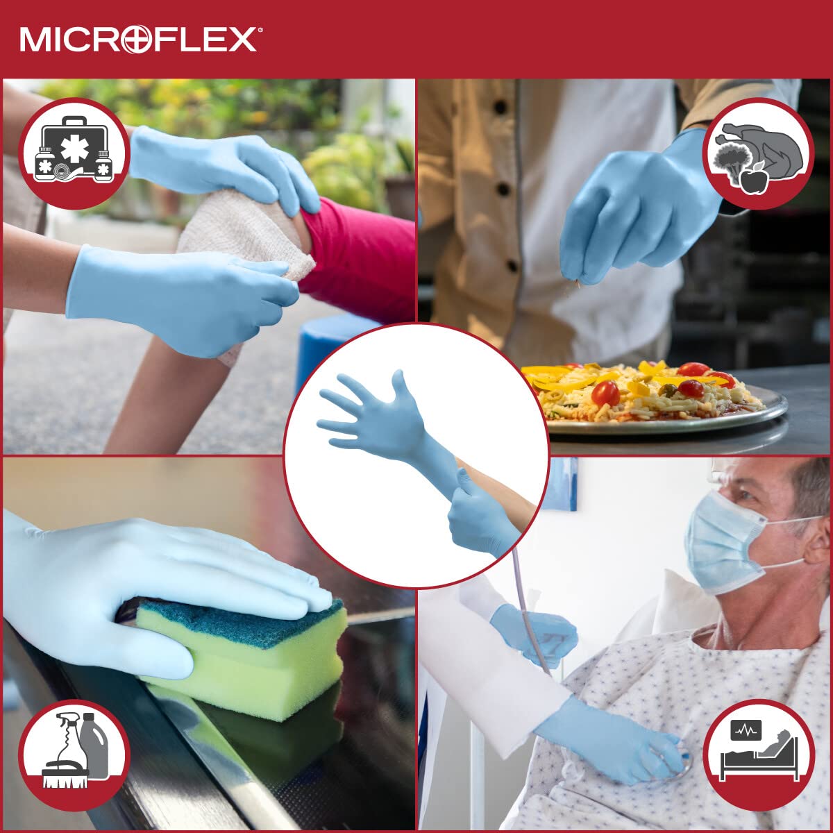 MICROFLEX 10-733 Daily Defense Disposable Rubber Gloves for Cleaning, Food Prep, First Aid - Medium, Blue (Box of 100)