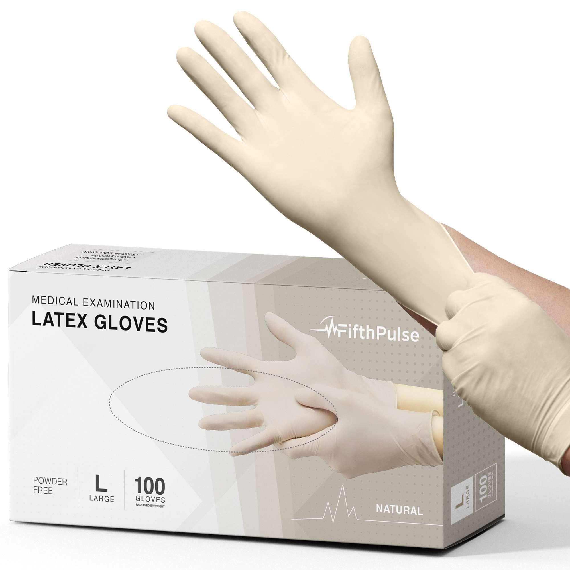 FifthPulse Medical Examination Latex Gloves Large - 100 Count - Powder Free - Extra Thick 4.5 Mil - Natural Color - Non Sterile Disposable Gloves