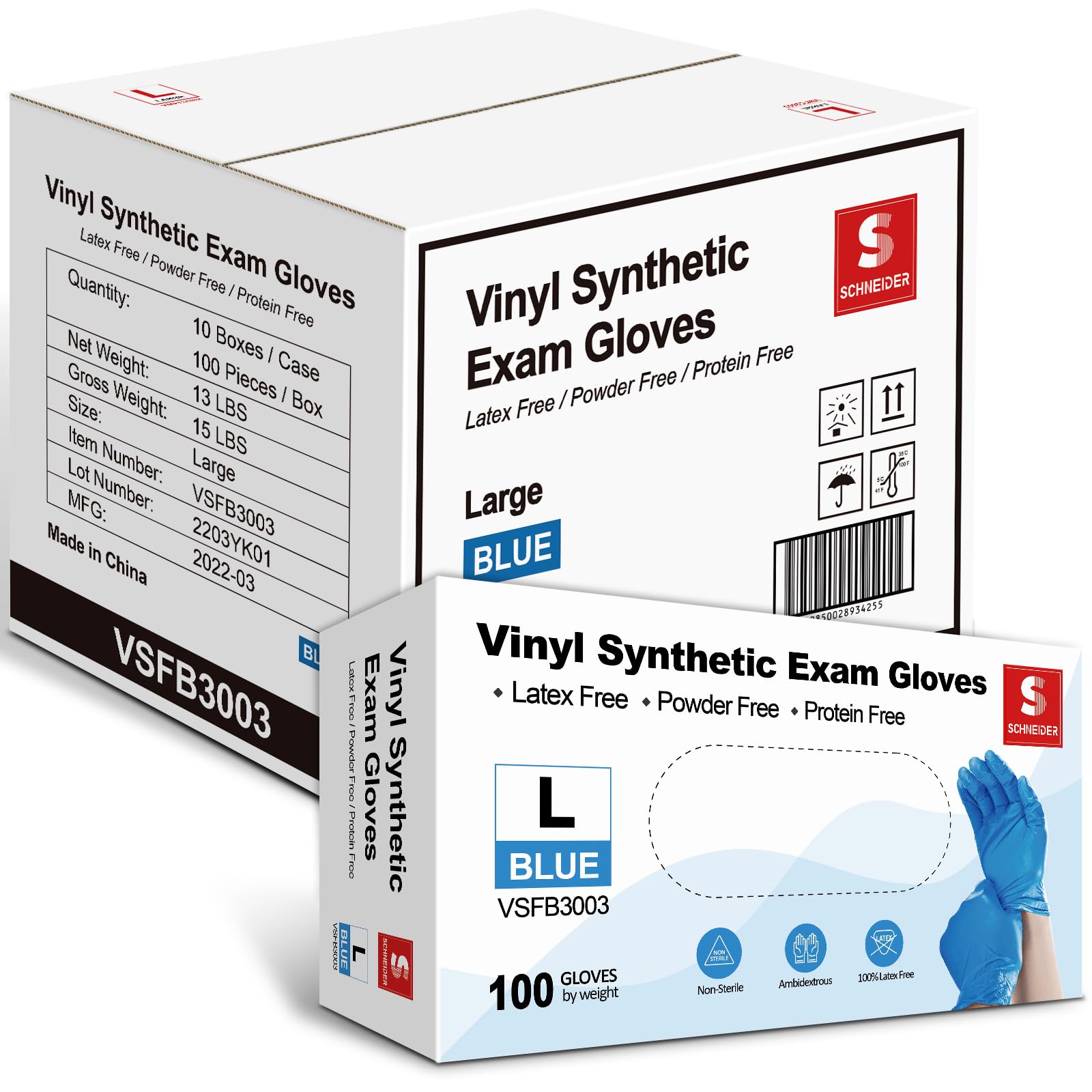 Schneider Blue Vinyl Synthetic Exam Gloves, Medium, Case of 1000, 4-mil, Powder-Free, Latex-Free, Non-Sterile, Disposable Gloves