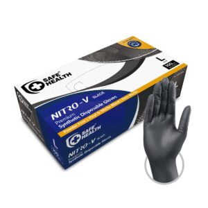 safe health nitro-v nitrile-vinyl synthetic black disposable gloves, latex free, powder free, box of 100, large, tattoo, salon, hair studio, food, service, housework