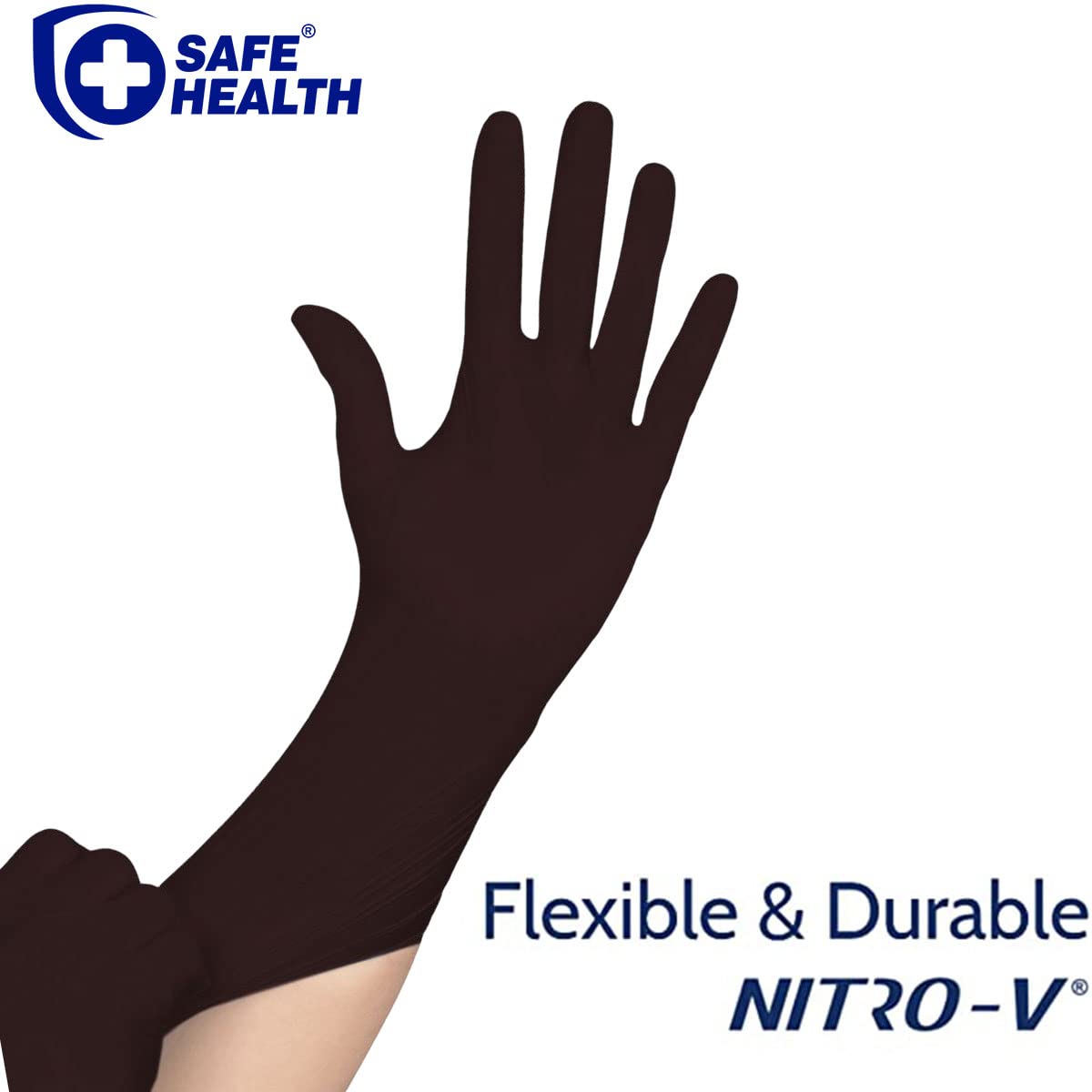 Safe Health NITRO-V Nitrile-Vinyl Synthetic Black Disposable Gloves, Latex Free, Powder Free, Box of 100, Large, Tattoo, Salon, Hair Studio, Food, Service, Housework