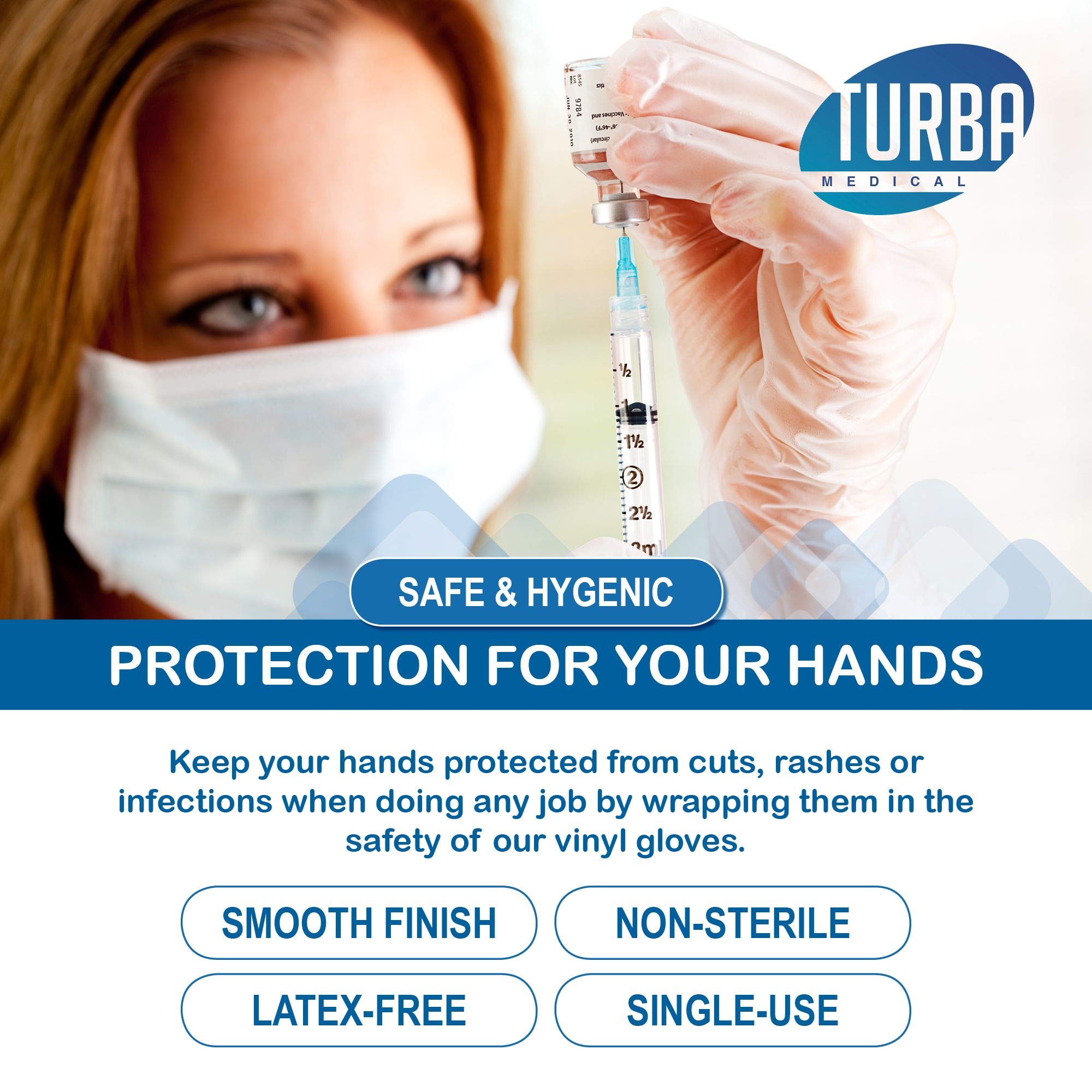 Disposable Vinyl Gloves, 100 Size Large Non Sterile, Powder Free, Latex Free - Examination Gloves, Cleaning Supplies, Kitchen and Food Safe - Ambidextrous - by Turba