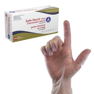 dynarex safe-touch vinyl disposable exam gloves, powder-free, food safety and compliance, ambidextrous, clear, medium, 1 box of 100 safe-touch vinyl disposable exam gloves