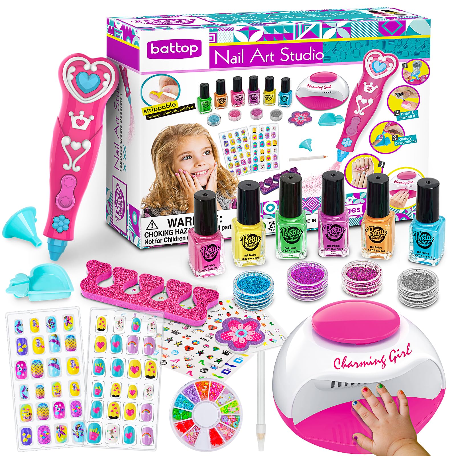 BATTOP Kids Nail Polish Set for Girls, Nail Art Kits with Nail Dryer & Glitter Pen, Quick Dry & Peel Off & Non-Toxic Nail Polish Birthday Gifts for Girls Ages 6 7 8 9 10 11 12