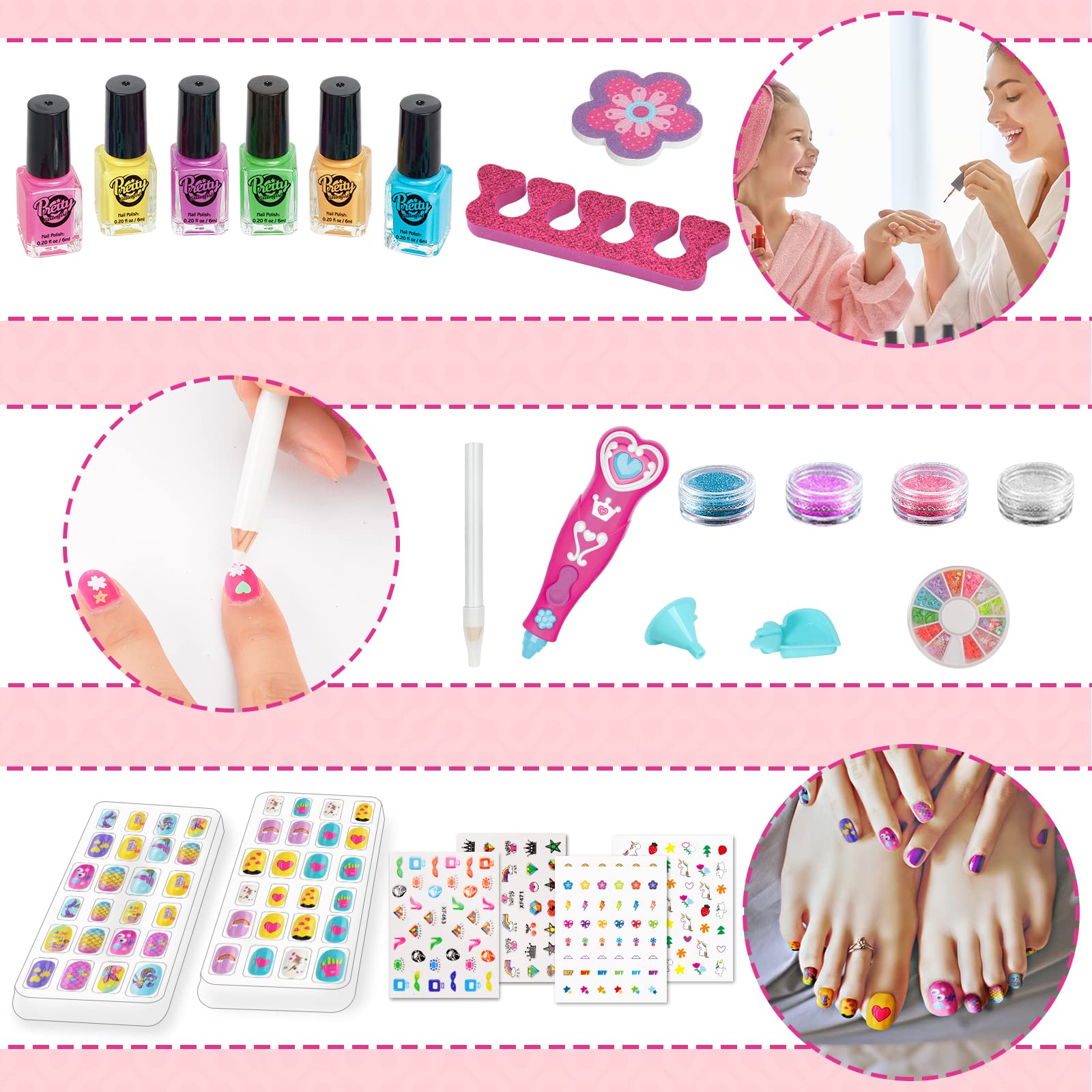 BATTOP Kids Nail Polish Set for Girls, Nail Art Kits with Nail Dryer & Glitter Pen, Quick Dry & Peel Off & Non-Toxic Nail Polish Birthday Gifts for Girls Ages 6 7 8 9 10 11 12