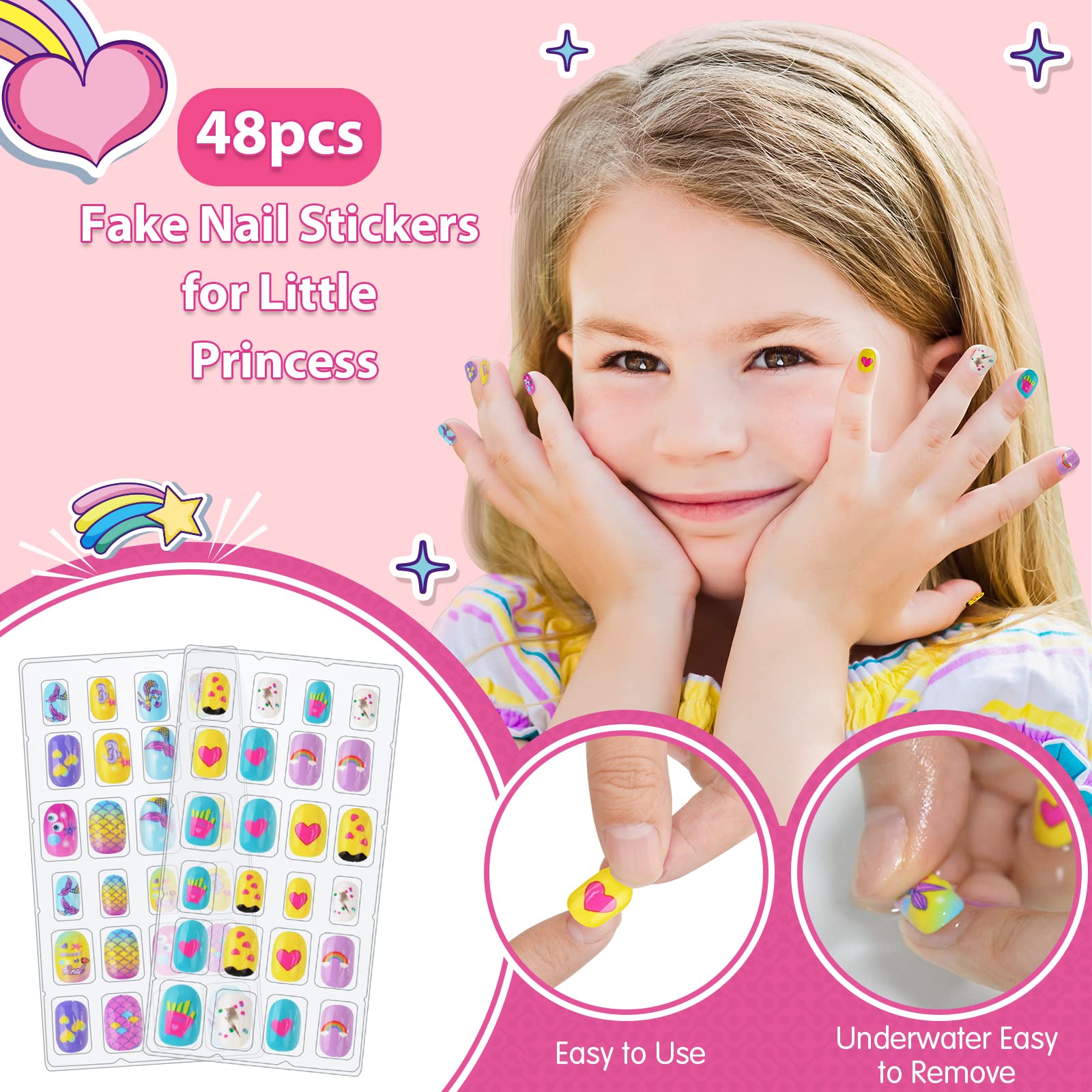 BATTOP Kids Nail Polish Set for Girls, Nail Art Kits with Nail Dryer & Glitter Pen, Quick Dry & Peel Off & Non-Toxic Nail Polish Birthday Gifts for Girls Ages 6 7 8 9 10 11 12