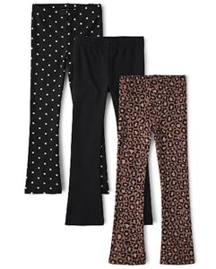 the children's place girls' flare legging pants, black/cheetah/polka dot, large