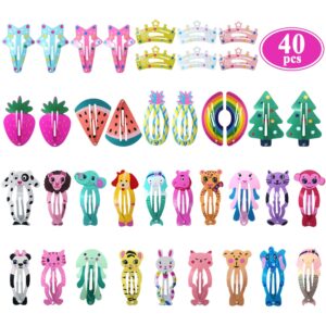 Funtopia Hair Clips for Girls,100 Pcs No Slip Metal Snap, Barrettes for Kids Teens Women, Cute Candy Color Cartoon Design Hair Pins (Animals Fruits Crowns Stars)