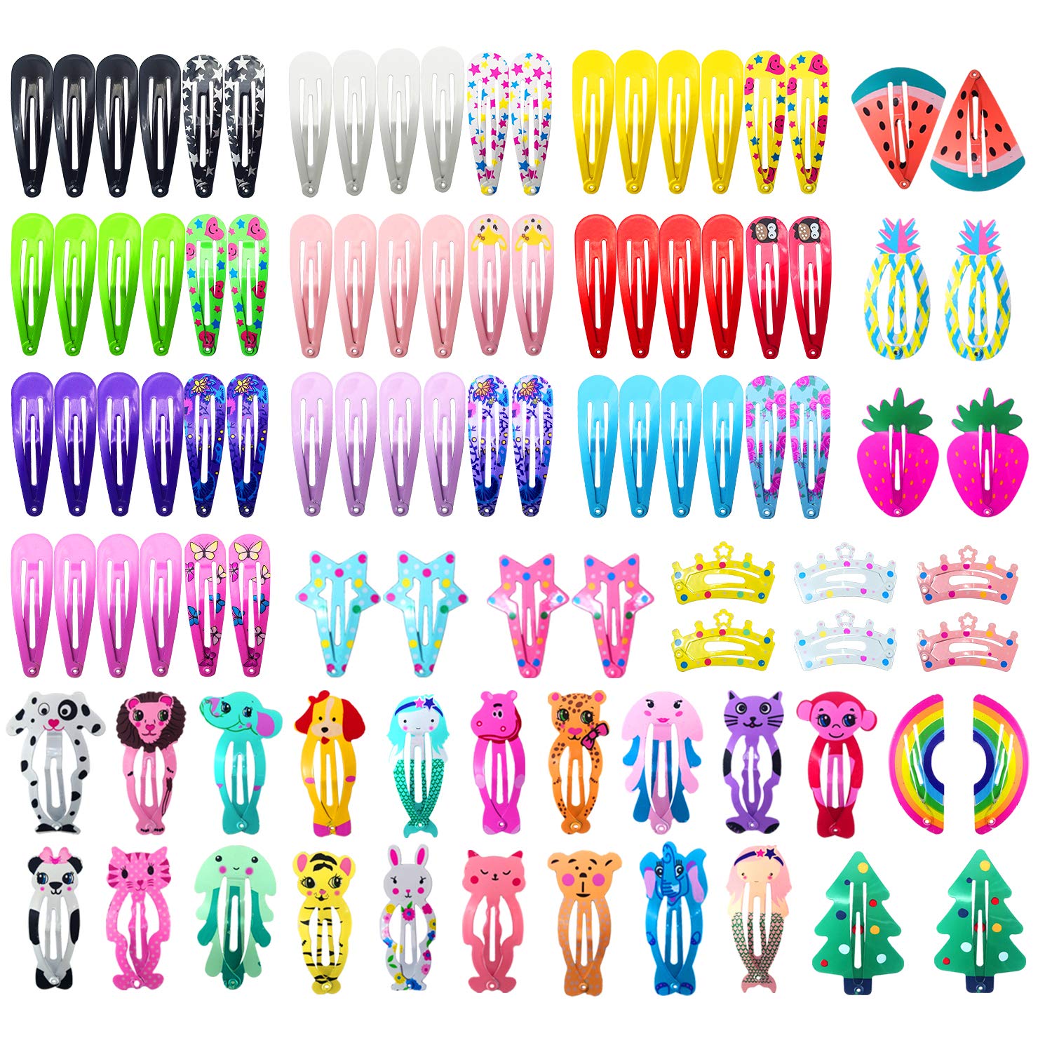 Funtopia Hair Clips for Girls,100 Pcs No Slip Metal Snap, Barrettes for Kids Teens Women, Cute Candy Color Cartoon Design Hair Pins (Animals Fruits Crowns Stars)