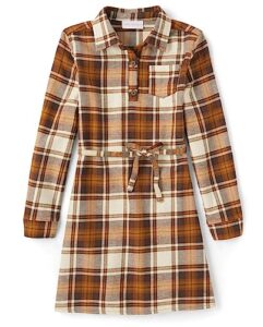 the children's place girls' one size long sleeve plaid fall fashion dress, hay stack, medium