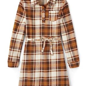 The Children's Place Girls' One Size Long Sleeve Plaid Fall Fashion Dress, Hay Stack, Medium