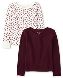 the children's place girls' long sleeve fashion thermal top, floral/maroon 2 pack, medium