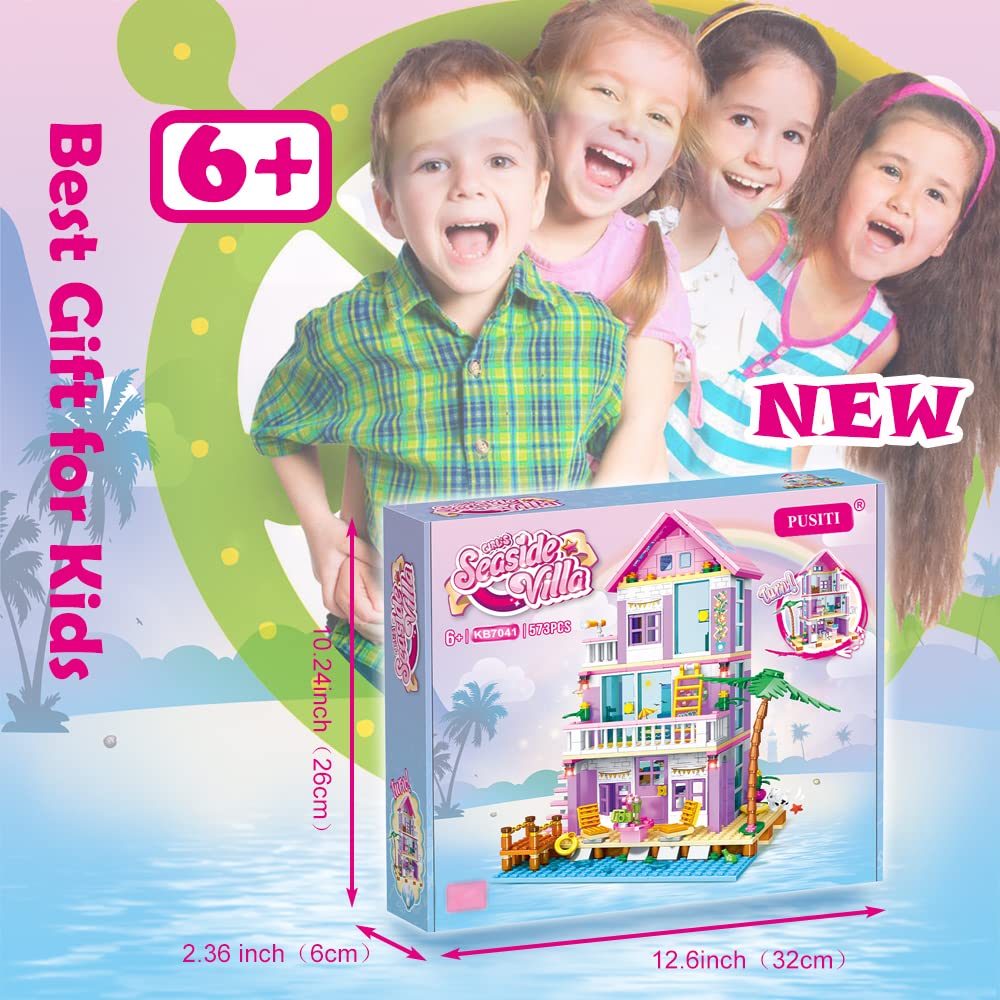 PUSITI Girls Building Blocks House Toys 573 Pieces Seaside Villa Friends Cottage Building Set Beach Villa Educational toys Girls Holiday Cottage Construction Bricks Toys