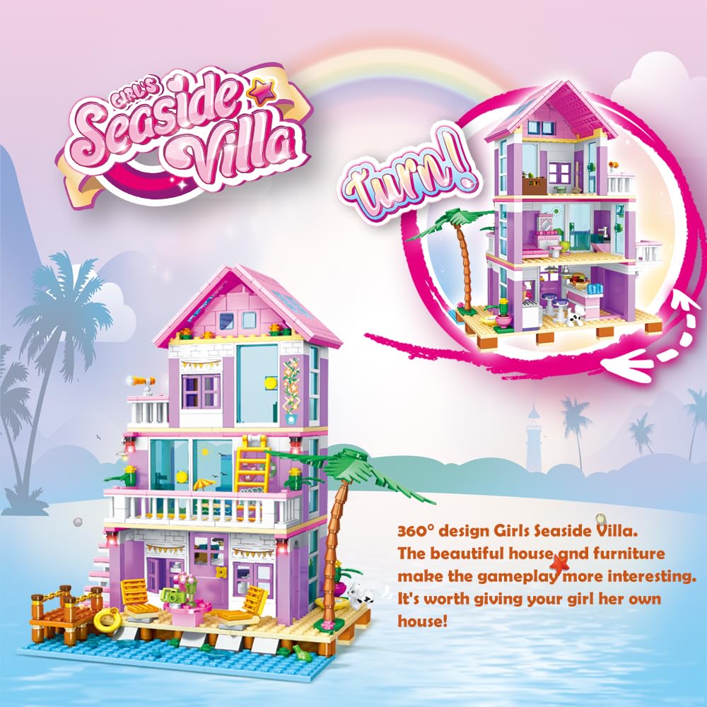 PUSITI Girls Building Blocks House Toys 573 Pieces Seaside Villa Friends Cottage Building Set Beach Villa Educational toys Girls Holiday Cottage Construction Bricks Toys