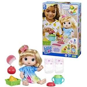 Baby Alive Fruity Sips Doll, Apple, Toys for 3 Year Old Girls, 12-inch Baby Doll Set, Drinks & Wets, Pretend Juicer, Kids 3 and Up, Blonde Hair